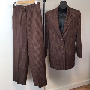 Ron Leal brown pinstripe pant suit small vintage linen wool silk vintage